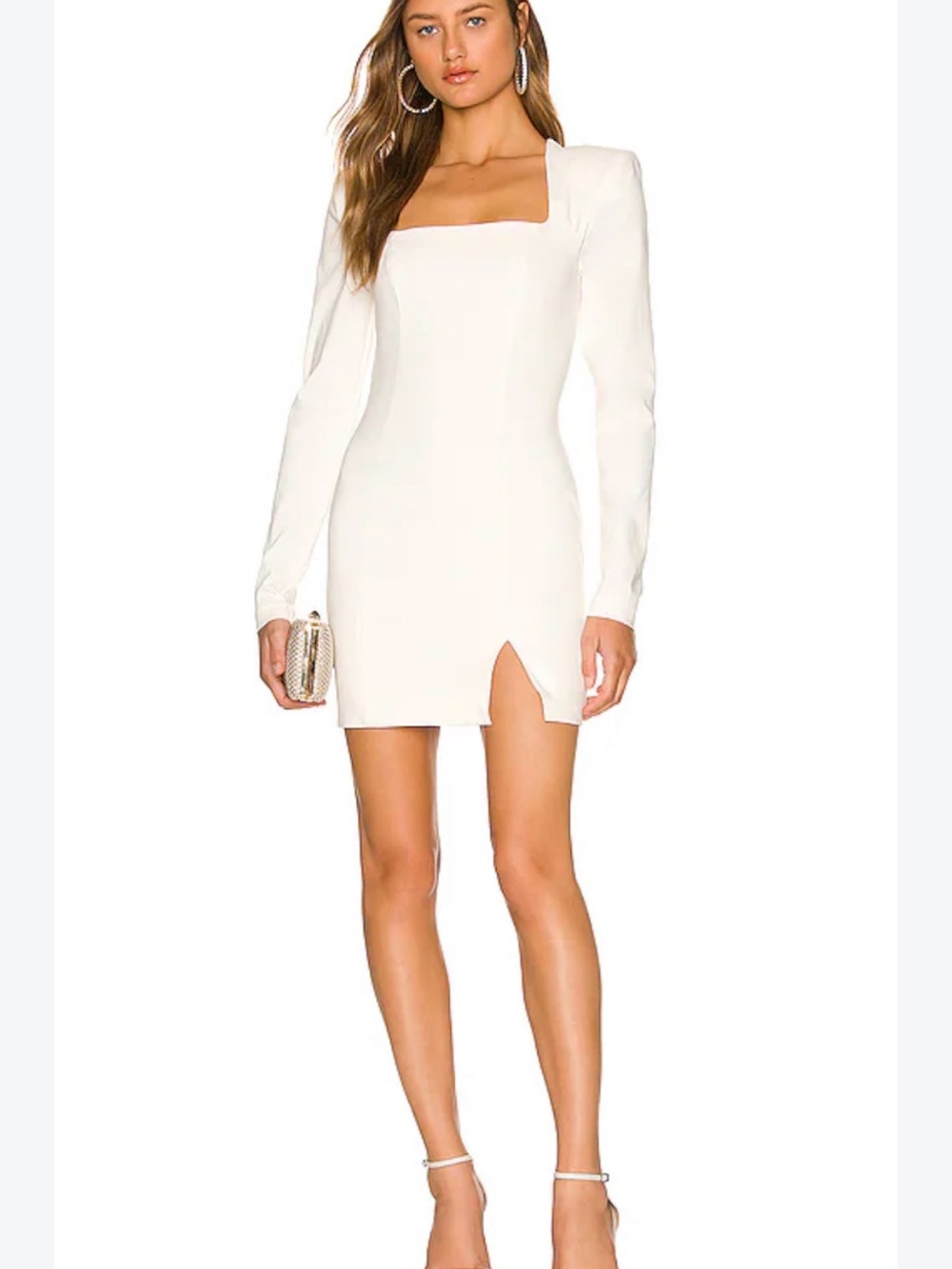 NBD Cream Square-Neck Long Sleeve Mini Dress with Front Slit